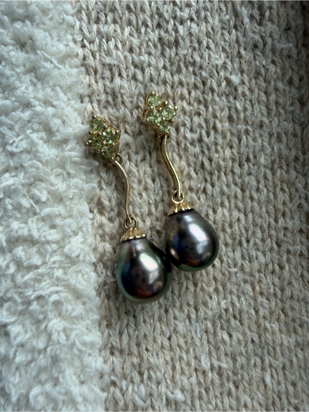 14 K Gold Drop Earrings with Black Tahitian Pearl and Peridot Accents